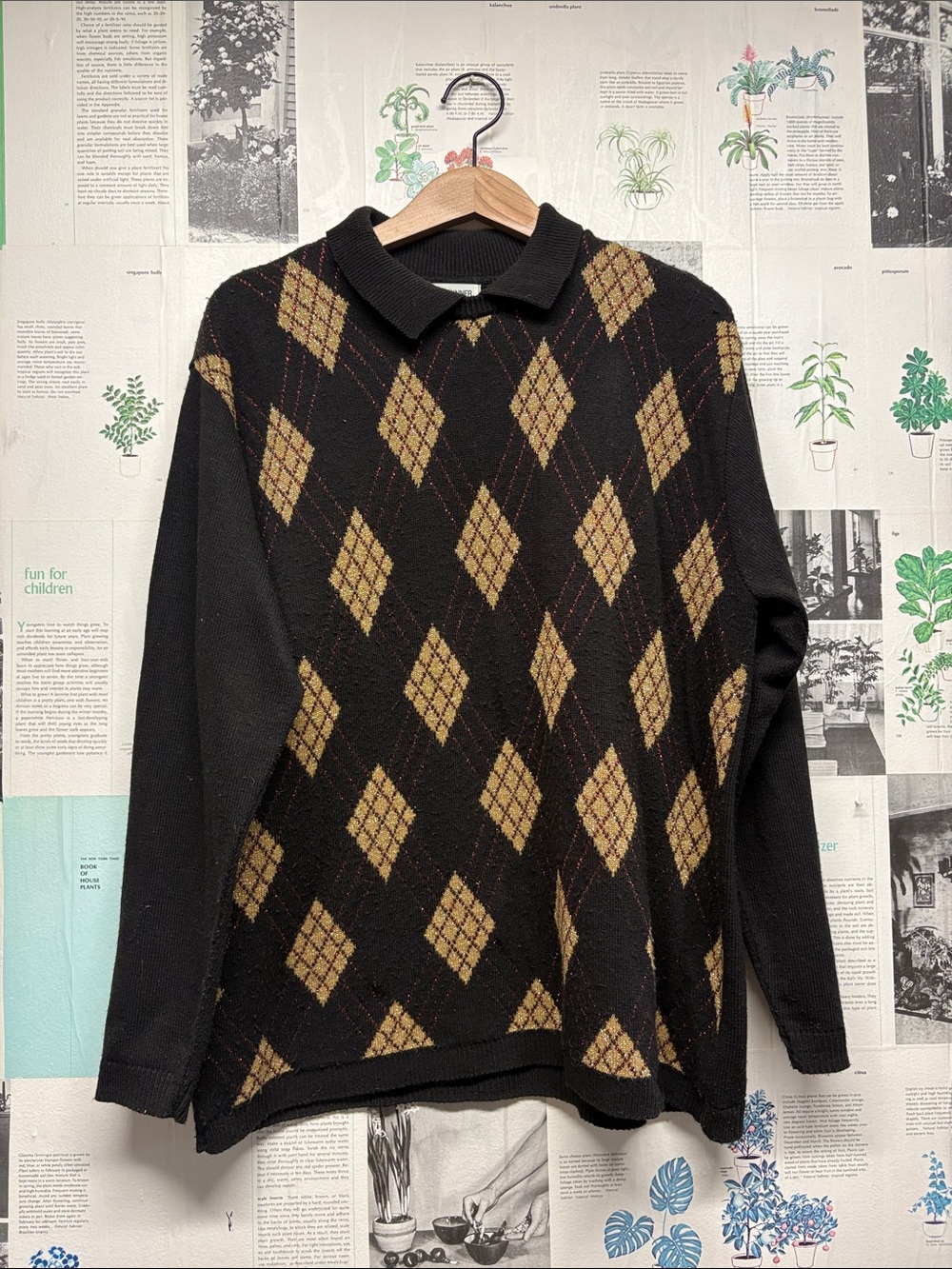 Alfred Dunner Black Sweater with Tan Argyle Pattern